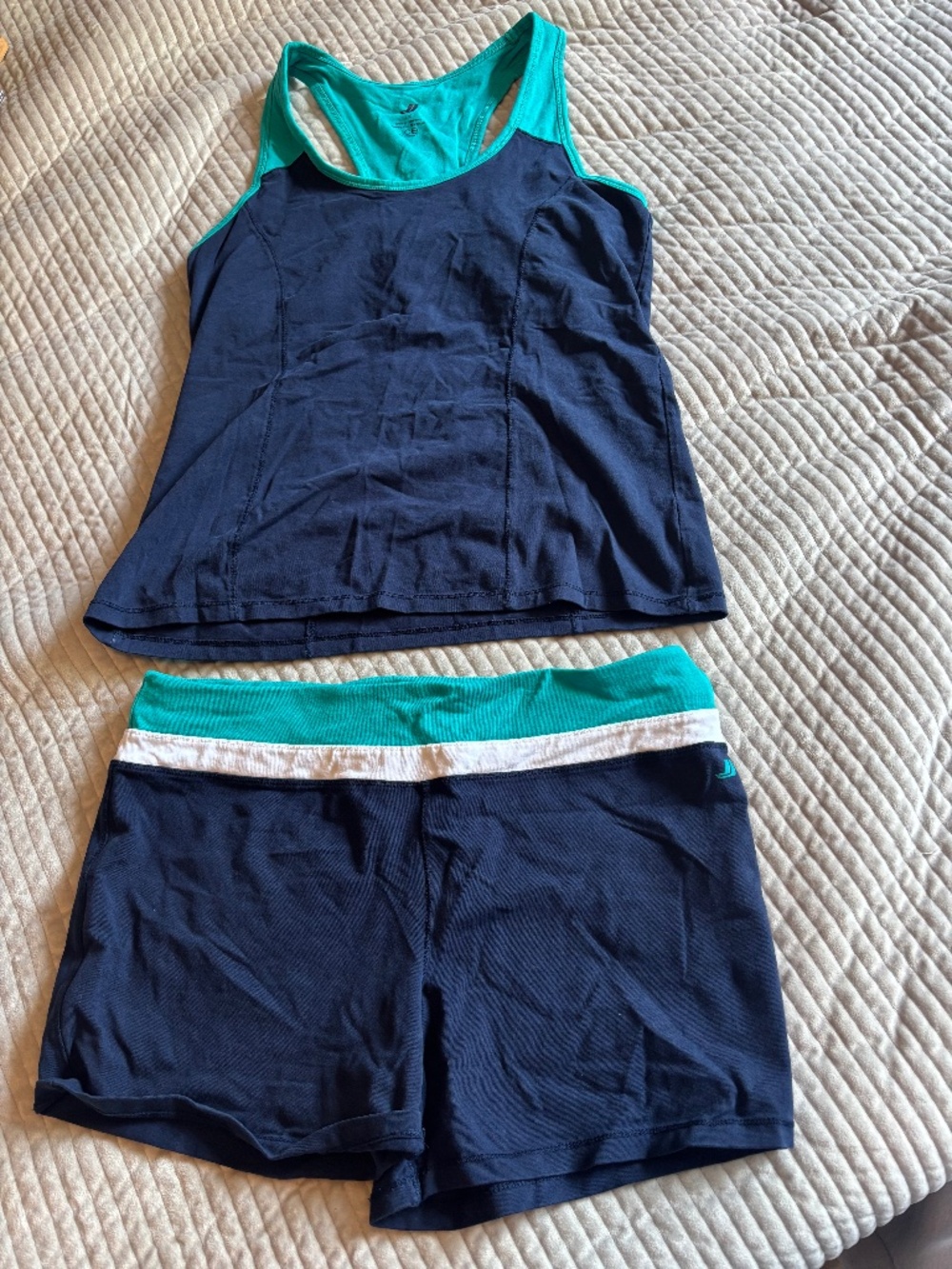 Joe Fresh Active 2 Piece Set Racerback Tank Top Shorts Navy Teal Large